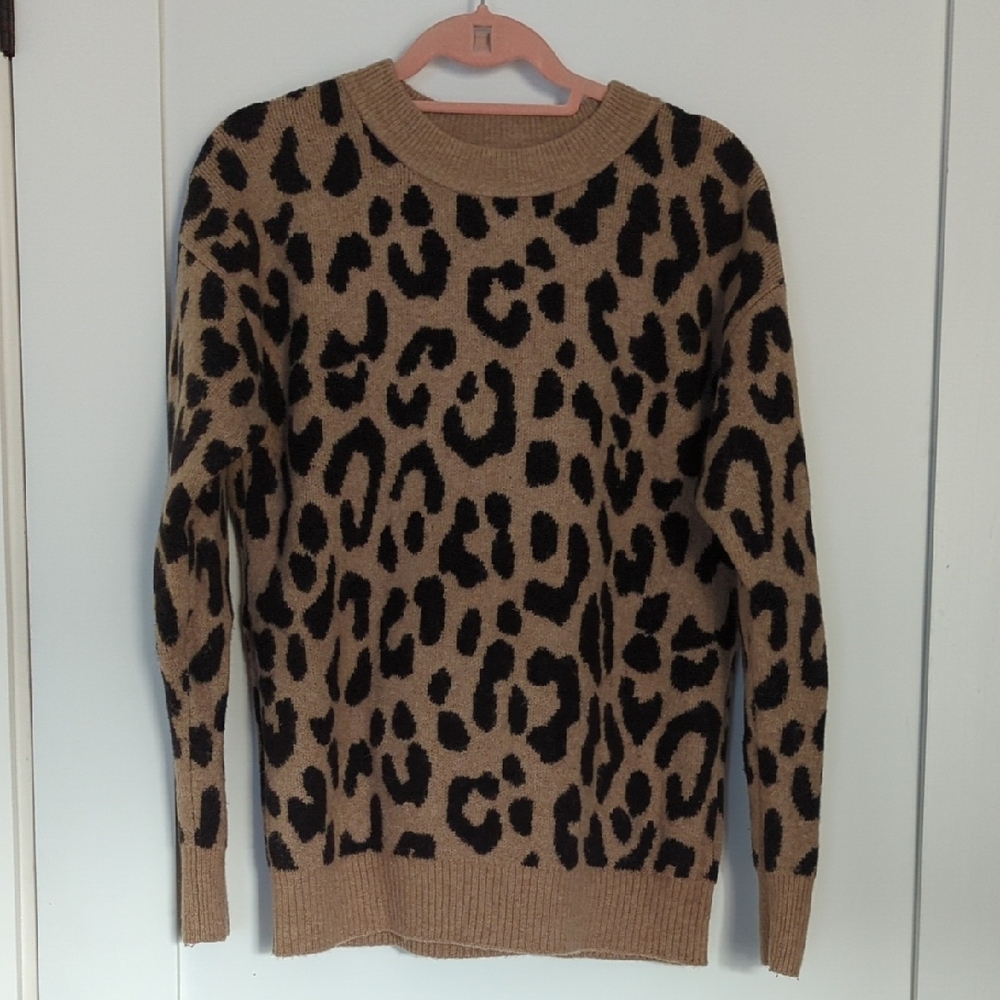 J. Crew Black and Tan Leopard Print Crew Neck Sweater